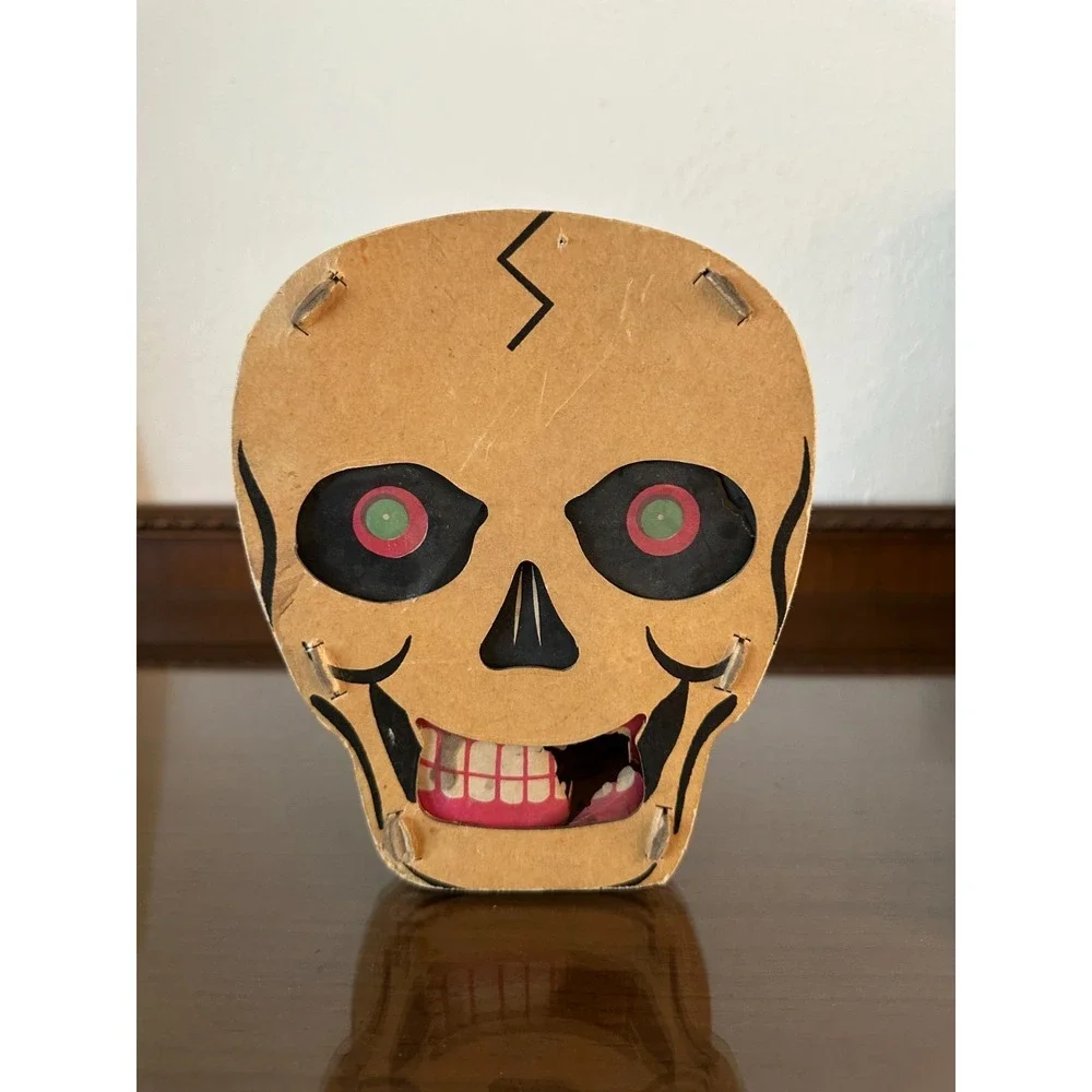 1936-1950's Antique Vintage Halloween 2-Sided Skull Lantern Decor Dolly Toy READ
